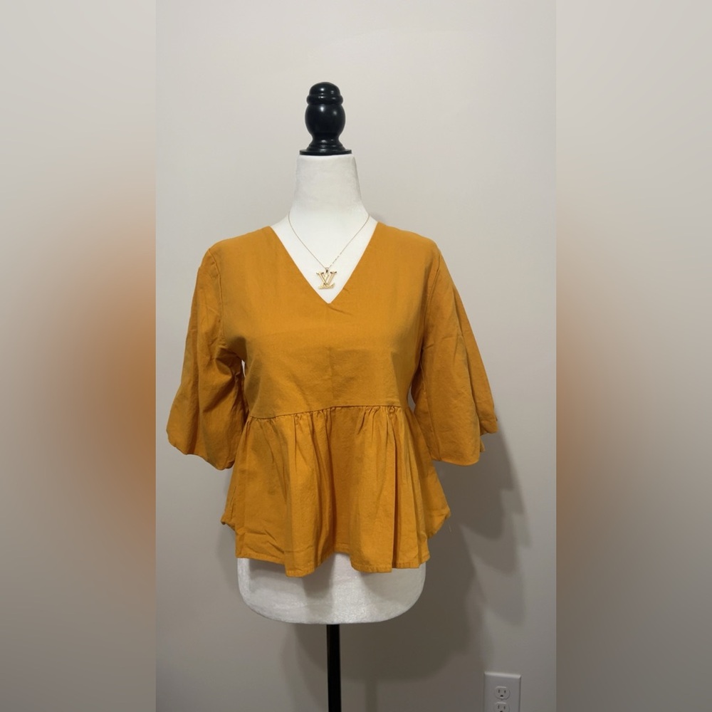 Mustard V-Neck Peplum Top